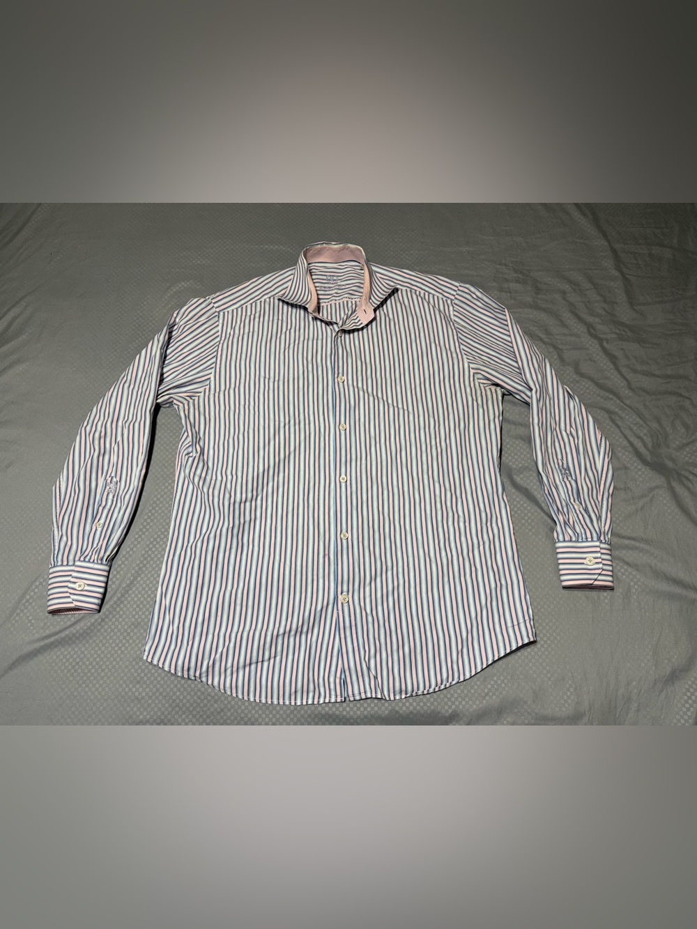 Bugatchi Uomo Men's Striped Dress Shirt 15.5 34/35 Long Sleeve Pink Trim Cotton